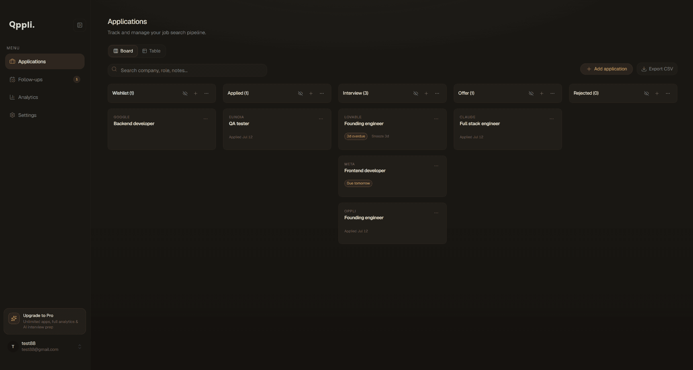 Oppli dashboard — kanban pipeline, follow-ups, and analytics