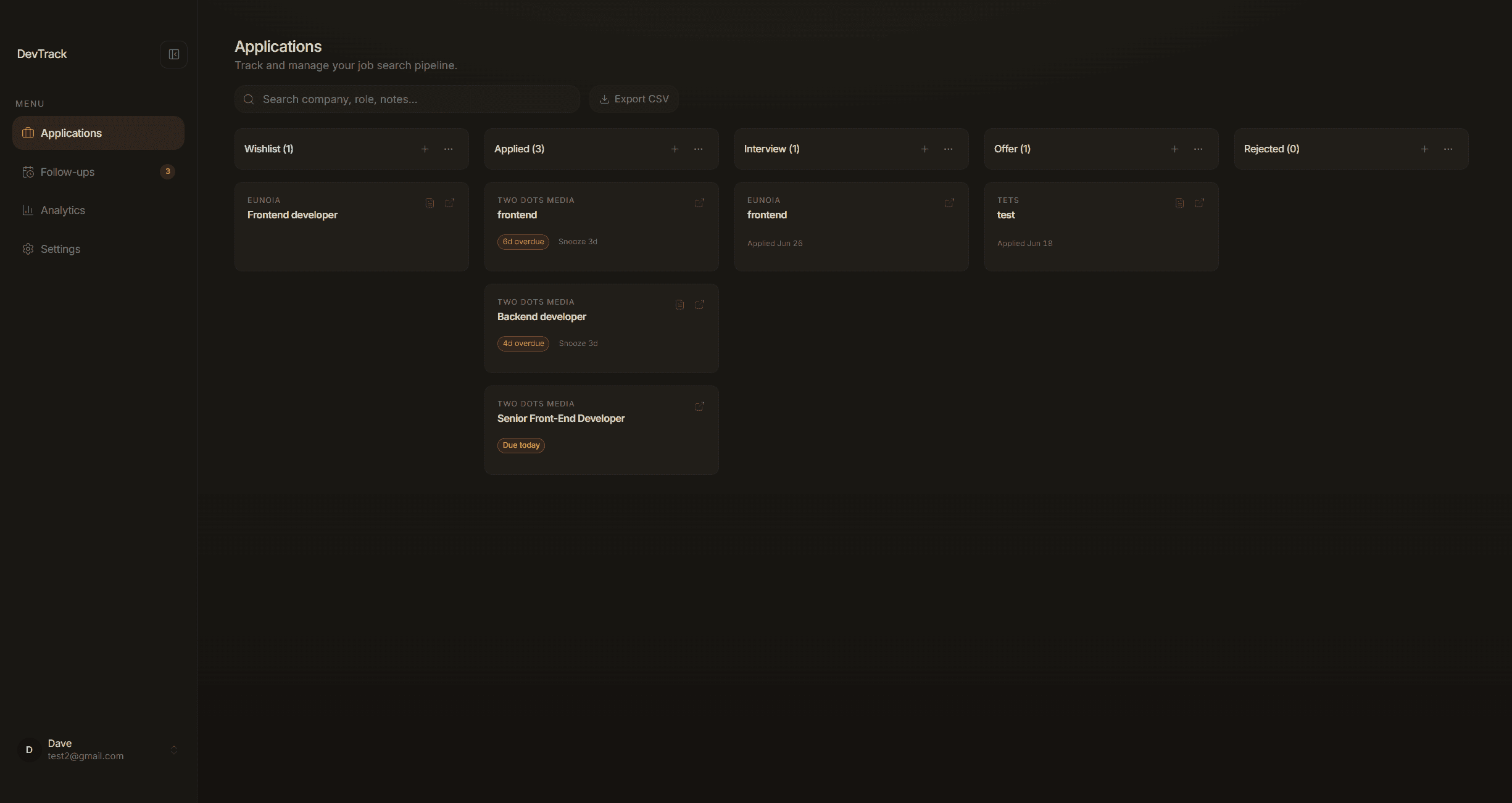 DevTrack dashboard — kanban pipeline, follow-ups, and analytics